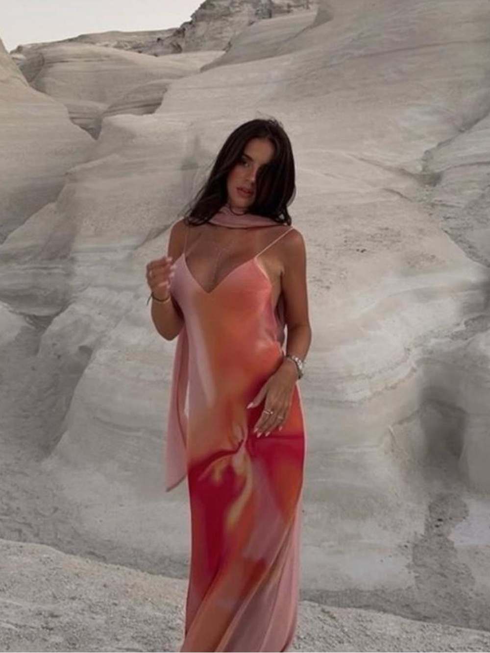 Zara Satin Slip Dress in Pink and Red Gradient